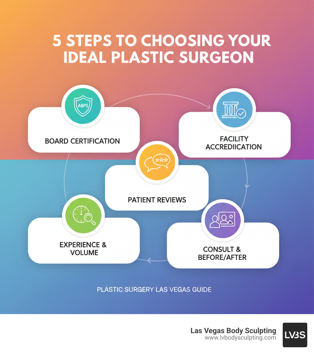 Infographic showing 5 steps to choosing your ideal plastic surgeon: 1. Verify board certification from ABPS, 2. Review surgeon's years of experience and procedure volume, 3. Read patient reviews and testimonials across multiple platforms, 4. Confirm surgical facility has AAAASF or equivalent accreditation, 5. Schedule in-person consultations to discuss goals and view before-and-after galleries - Plastic Surgery Las Vegas infographic 