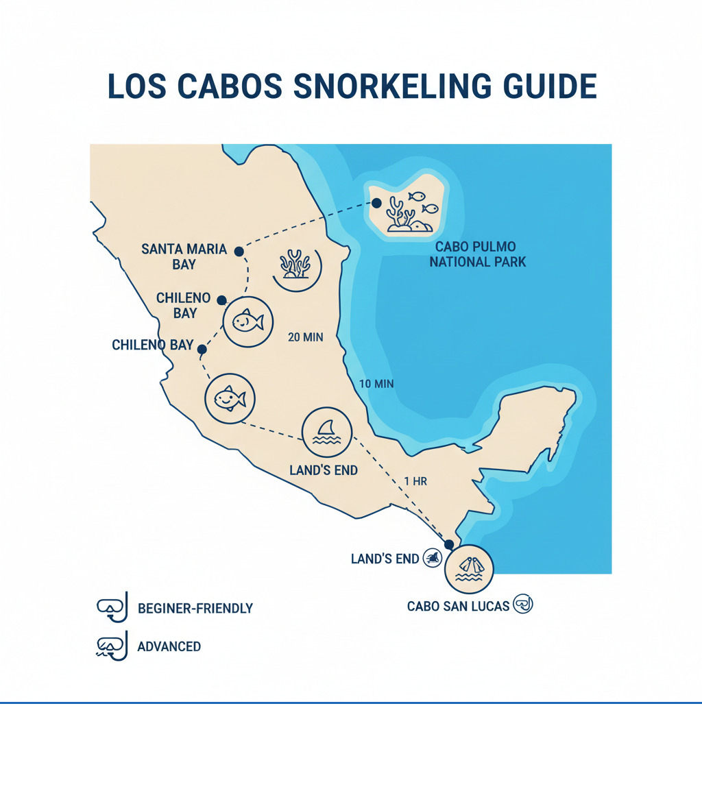 Infographic showing a map of Los Cabos region with labeled snorkeling locations including Cabo San Lucas, San Jose del Cabo, Chileno Bay, Santa Maria Bay, Land's End, and Cabo Pulmo National Park to the northeast, with icons indicating beginner-friendly spots versus advanced locations and approximate driving distances - Best snorkeling Los Cabos infographic Infographic showing a map of Los Cabos region with labeled snorkeling locations including Cabo San Lucas, San Jose del Cabo, Chileno Bay, Santa Maria Bay, Land's End, and Cabo Pulmo National Park to the northeast, with icons indicating beginner-friendly spots versus advanced locations and approximate driving distances - Best snorkeling Los Cabos infographic