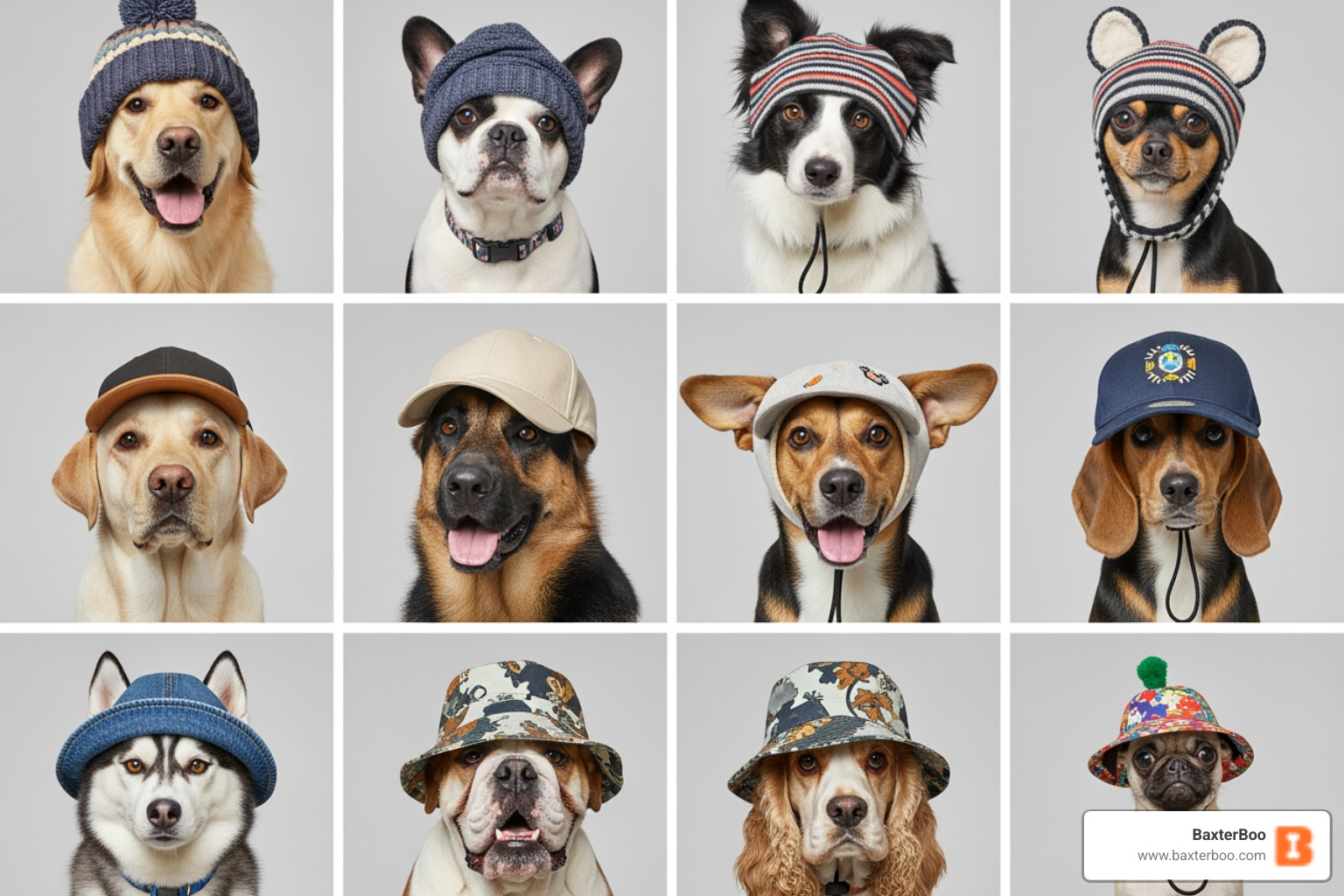A collage featuring various dog hat styles, including beanies, baseball caps, and bucket hats - dog hats A collage featuring various dog hat styles, including beanies, baseball caps, and bucket hats - dog hats