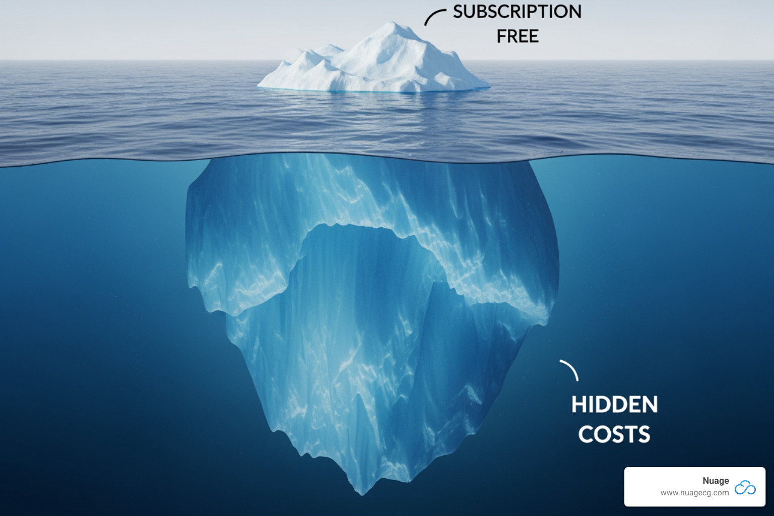 Iceberg showing subscription fee above water and hidden costs below - netsuite vs quickbooks cost