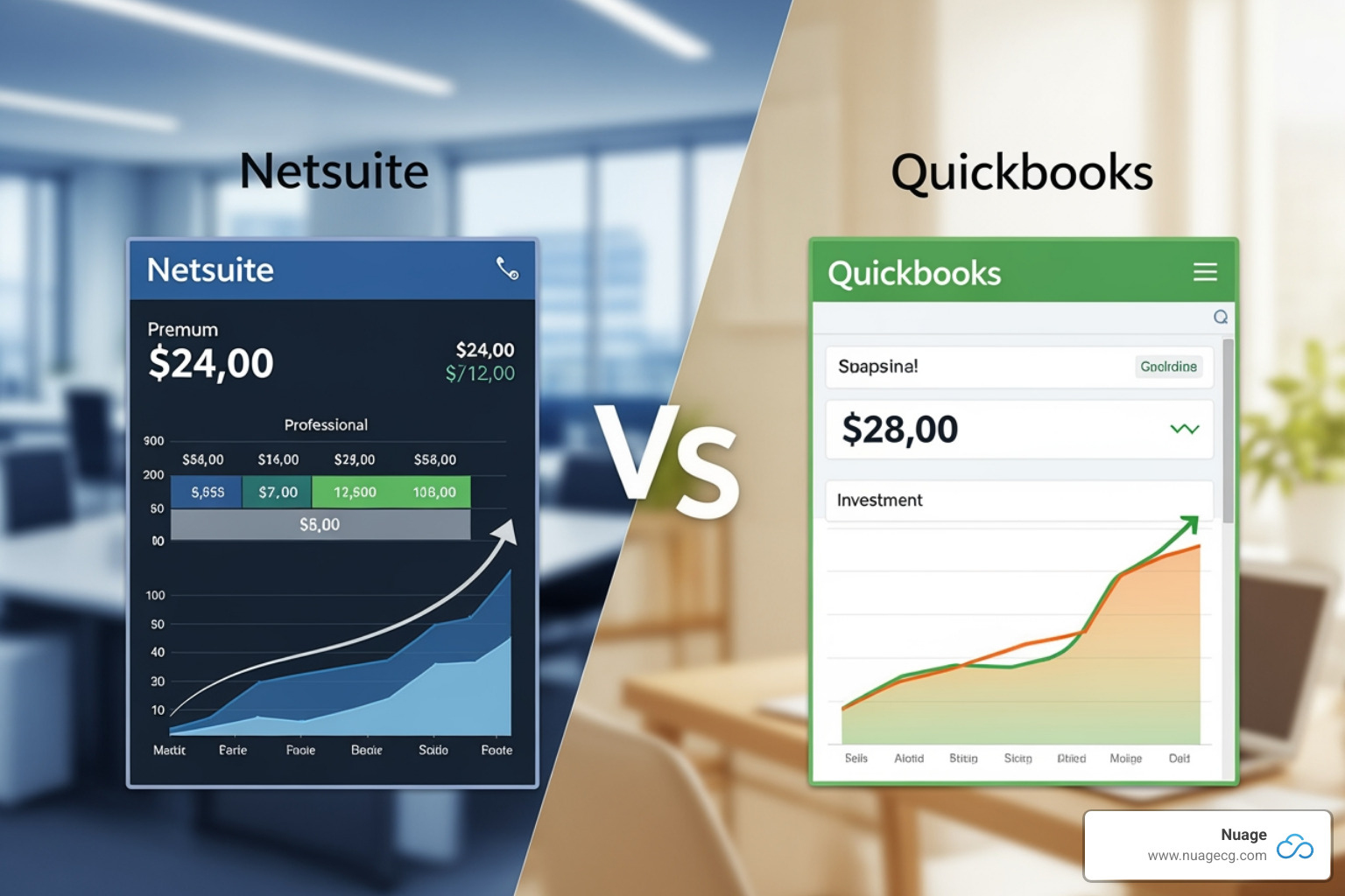 Graph showing QuickBooks costs rising sharply with complexity, crossing over NetSuite's more stable, higher starting cost - netsuite vs quickbooks cost