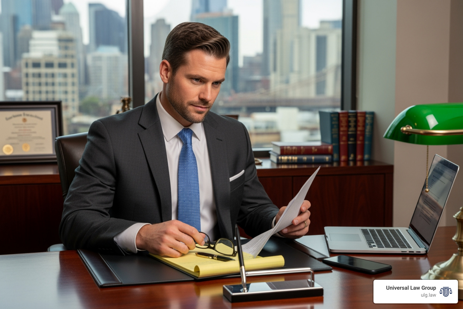 Lawyer confidently reviewing legal documents in an office - Houston Workplace Injury Lawyer
