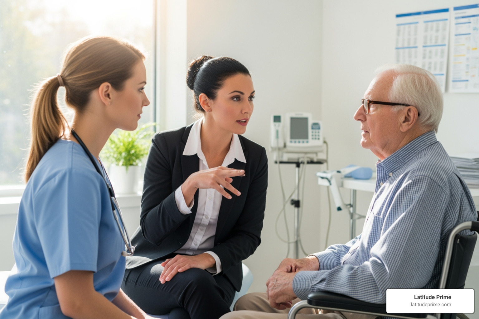 of an in-person interpreter facilitating a conversation between a nurse and an elderly patient - healthcare professionals translation of an in-person interpreter facilitating a conversation between a nurse and an elderly patient - healthcare professionals translation