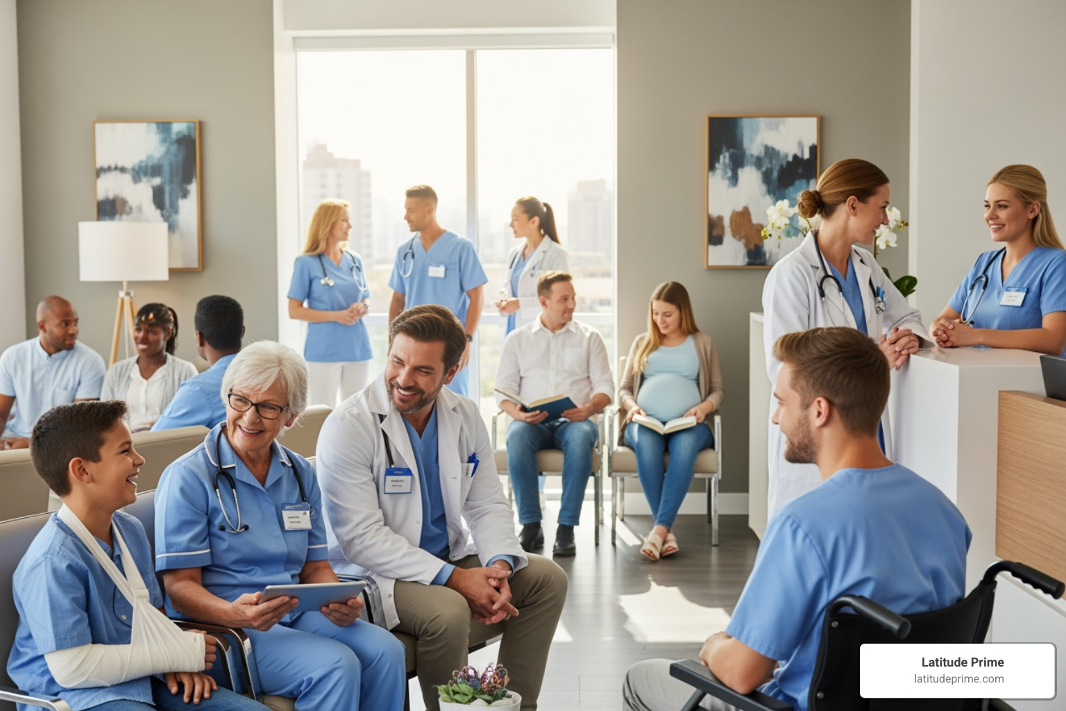 of a diverse group of smiling patients interacting positively with healthcare staff - healthcare professionals translation of a diverse group of smiling patients interacting positively with healthcare staff - healthcare professionals translation