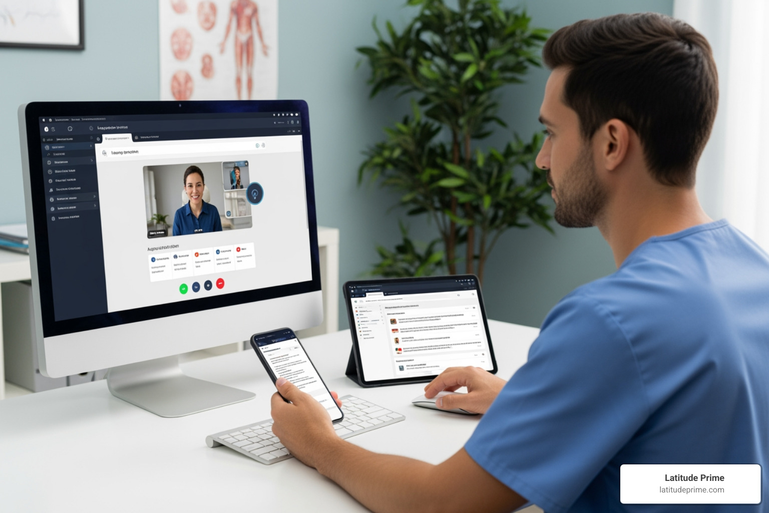 of a healthcare provider accessing a language service portal on multiple devices (phone, tablet, desktop) - healthcare professionals translation of a healthcare provider accessing a language service portal on multiple devices (phone, tablet, desktop) - healthcare professionals translation