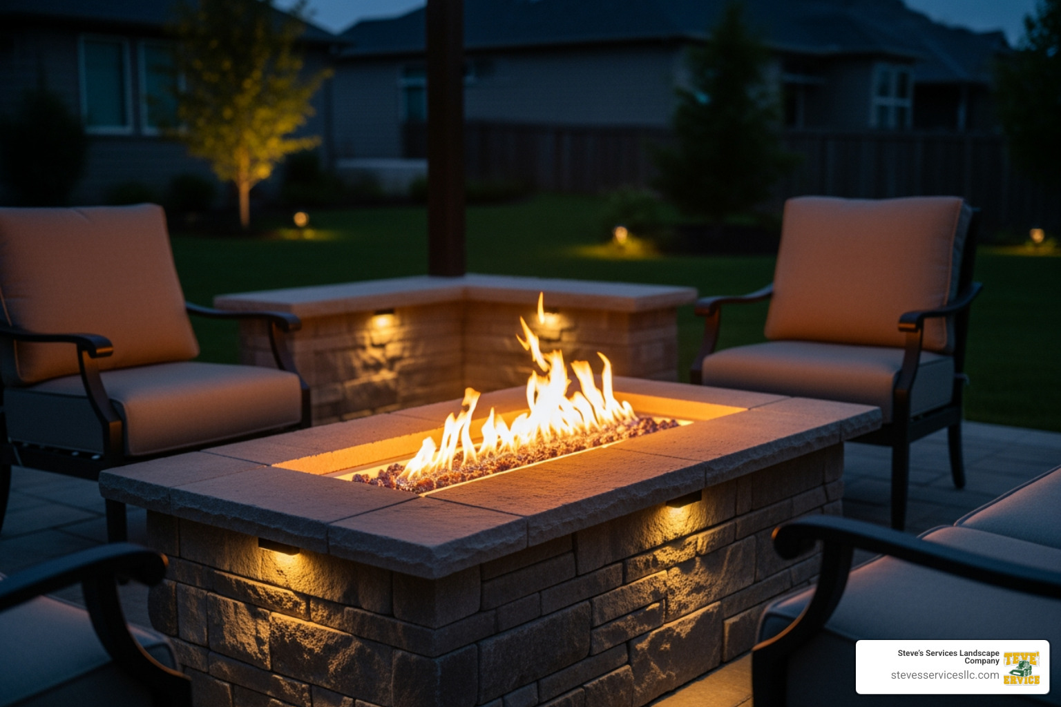 Cozy patio at dusk featuring a built-in stone fire pit and ambient lighting - Patio installation Reading MA
