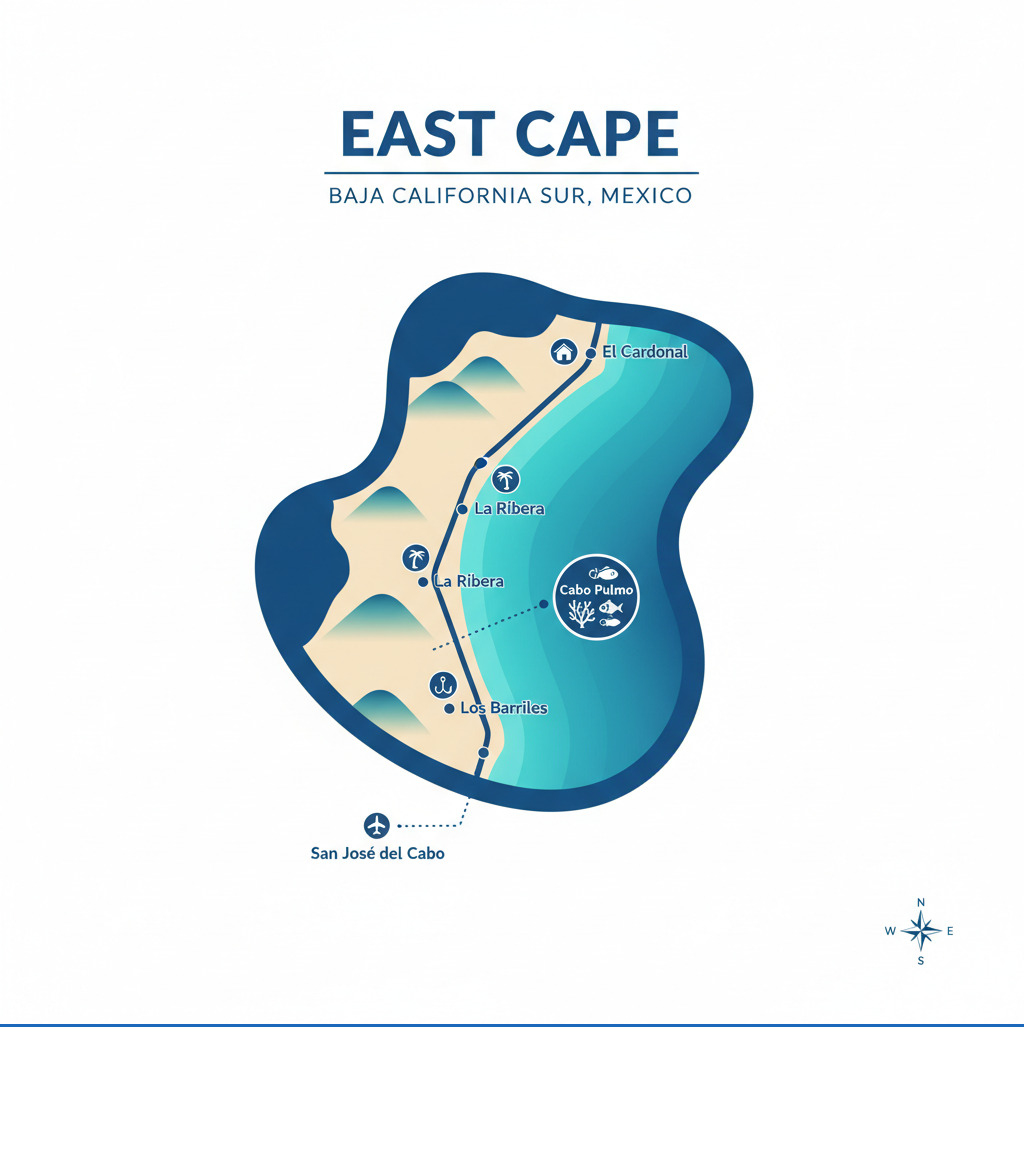 detailed map infographic showing East Cape region of Baja California Sur from San Jose del Cabo north to Los Barriles with key towns marked including Cabo Pulmo La Ribera and El Cardonal along the Sea of Cortez coastline - East Cape infographic 