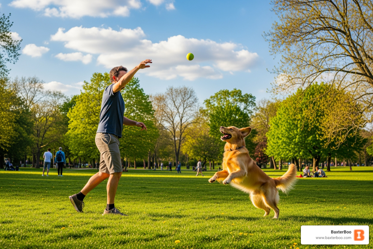 person playing fetch with dog in park - dog health