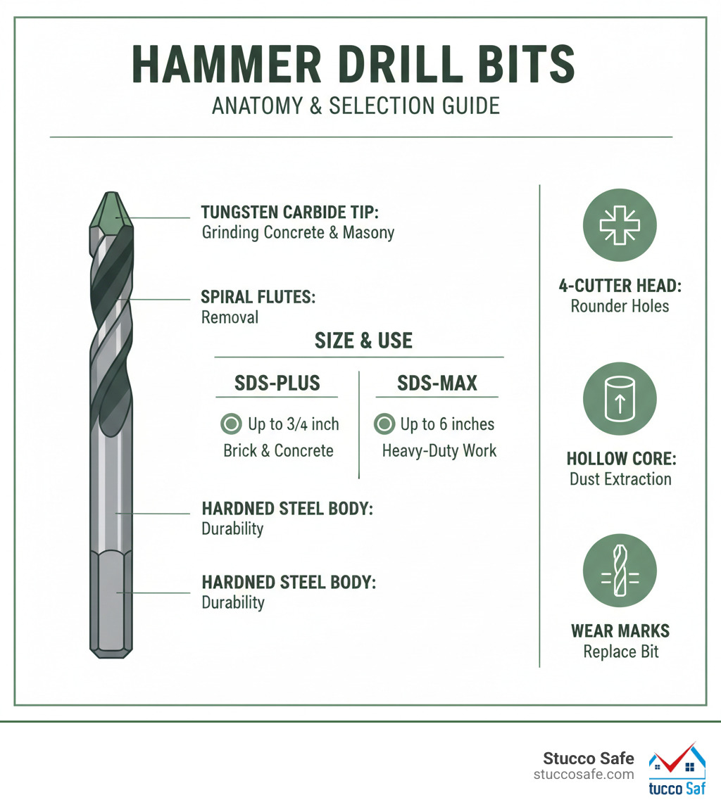Infographic showing the anatomy of a hammer drill bit with labeled components: SDS-Plus shank for secure locking, spiral flutes for debris removal, hardened steel body for durability, and tungsten carbide tip for grinding through concrete and masonry; comparison table showing SDS-Plus for holes up to 3/4 inch in brick and concrete versus SDS-Max for heavy-duty work up to 6 inches; icons indicating key features like 4-cutter head design for rounder holes, hollow core option for dust extraction, and wear marks to indicate replacement time - drill bits for hammer drill infographic Infographic showing the anatomy of a hammer drill bit with labeled components: SDS-Plus shank for secure locking, spiral flutes for debris removal, hardened steel body for durability, and tungsten carbide tip for grinding through concrete and masonry; comparison table showing SDS-Plus for holes up to 3/4 inch in brick and concrete versus SDS-Max for heavy-duty work up to 6 inches; icons indicating key features like 4-cutter head design for rounder holes, hollow core option for dust extraction, and wear marks to indicate replacement time - drill bits for hammer drill infographic