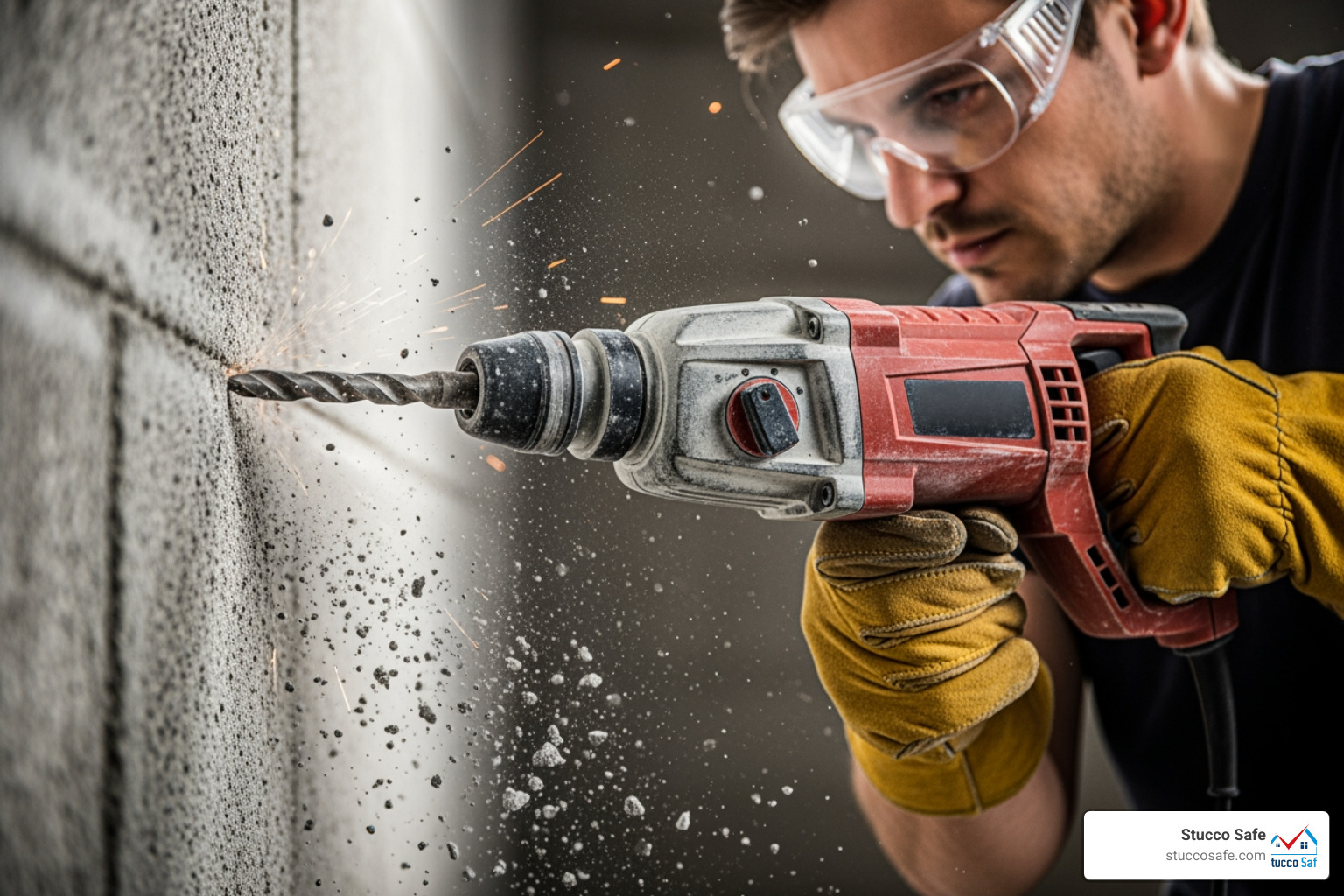 person wearing safety glasses and gloves while using a hammer drill - drill bits for hammer drill person wearing safety glasses and gloves while using a hammer drill - drill bits for hammer drill