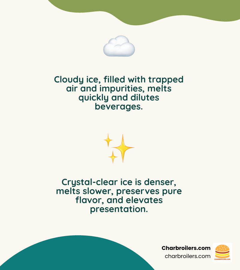 Infographic comparing cloudy ice cube with visible air bubbles and impurities labeled "Standard Ice: Melts Fast, Dilutes Drinks" next to a crystal-clear, dense ice cube labeled "Clear Ice: Slow-Melting, Pure Flavor, Premium Presentation" - commercial clear ice cube maker infographic 2_facts_emoji_nature