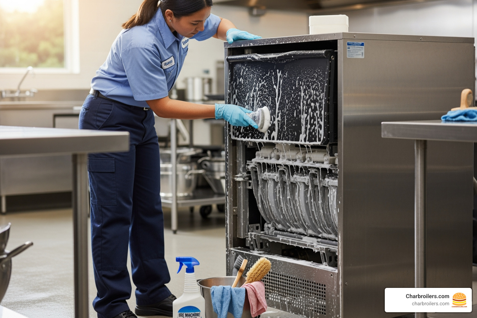 technician cleaning ice machine - commercial clear ice cube maker