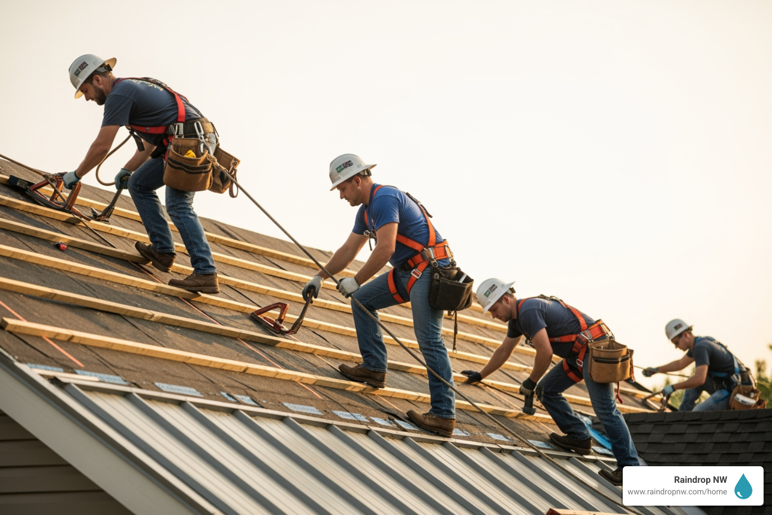 Image of a professional roofing team safely working on a residential roof installation - metal roofing contractor in savannah oaks or Image of a professional roofing team safely working on a residential roof installation - metal roofing contractor in savannah oaks or