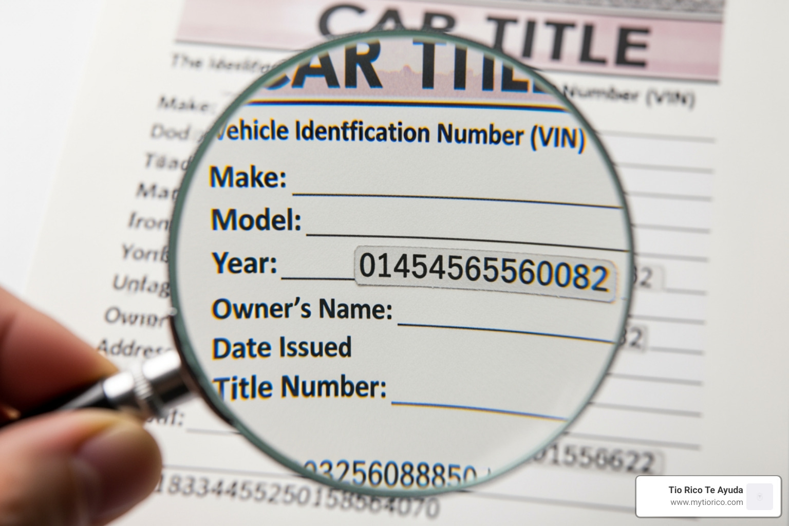 Car title document with a magnifying glass over it - Quick car title loan Car title document with a magnifying glass over it - Quick car title loan