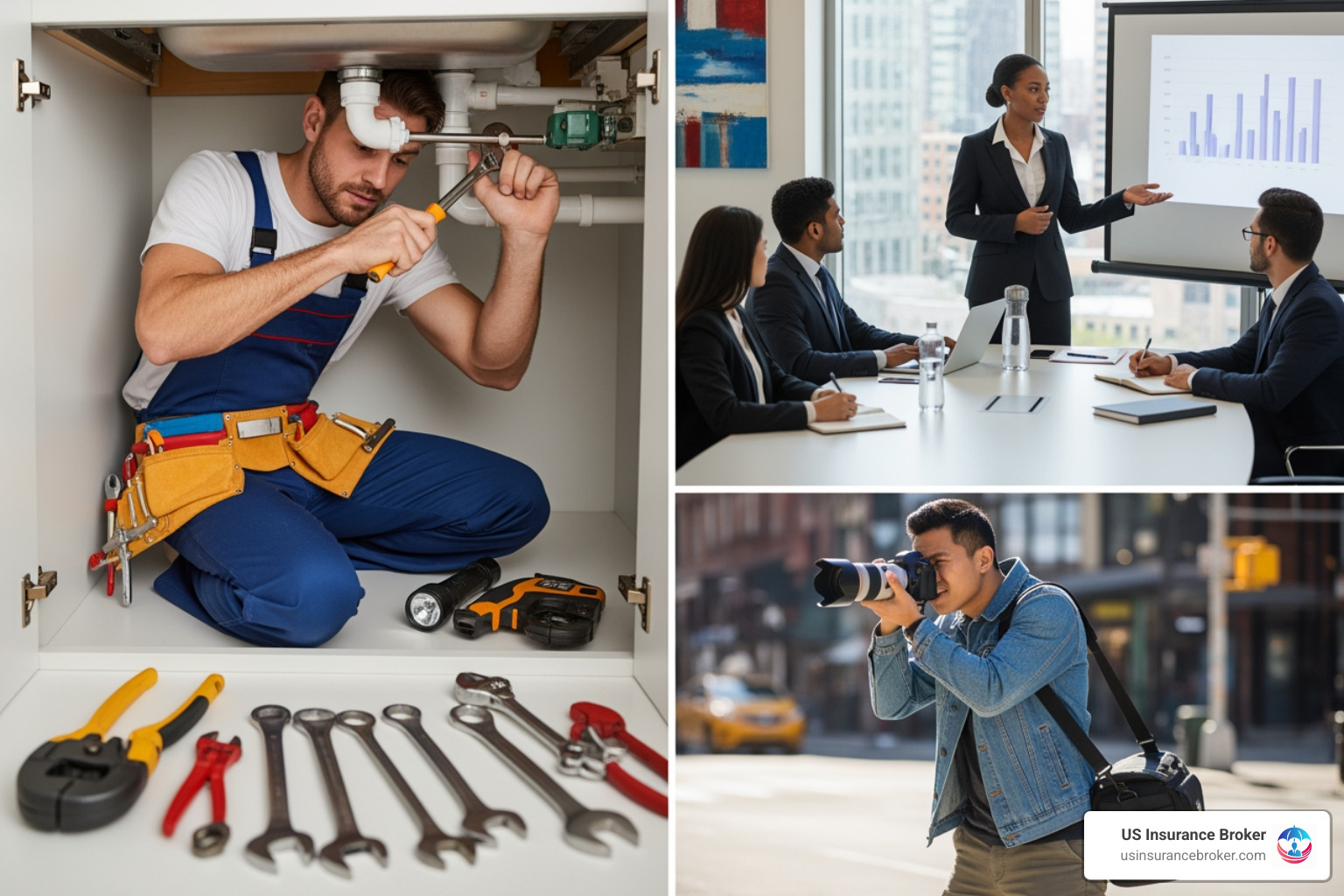gallery showcasing various self-employed professionals like a plumber, a consultant, and a photographer - public liability insurance quotes for self employed