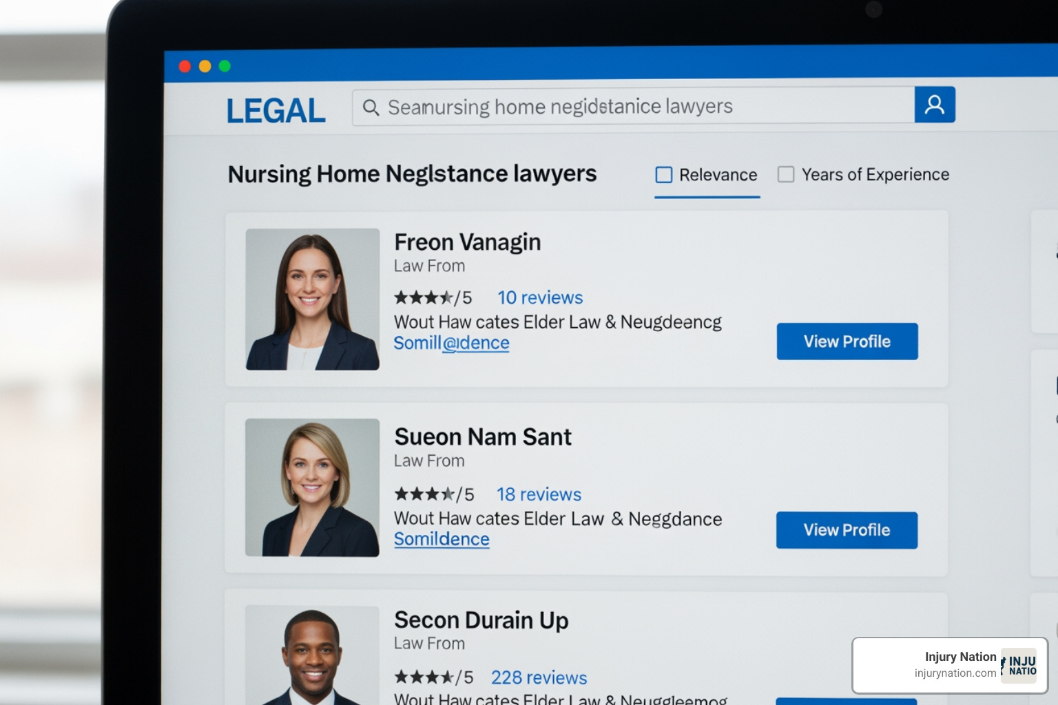 A computer screen showing a legal directory search for nursing home negligence lawyers, with various profiles and ratings visible. - nursing home negligence lawyer near me
