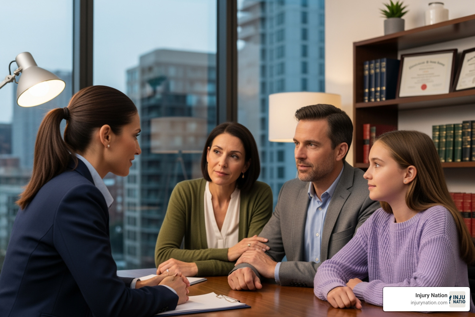 A lawyer compassionately consulting with a family, listening intently and offering support. - nursing home negligence lawyer near me