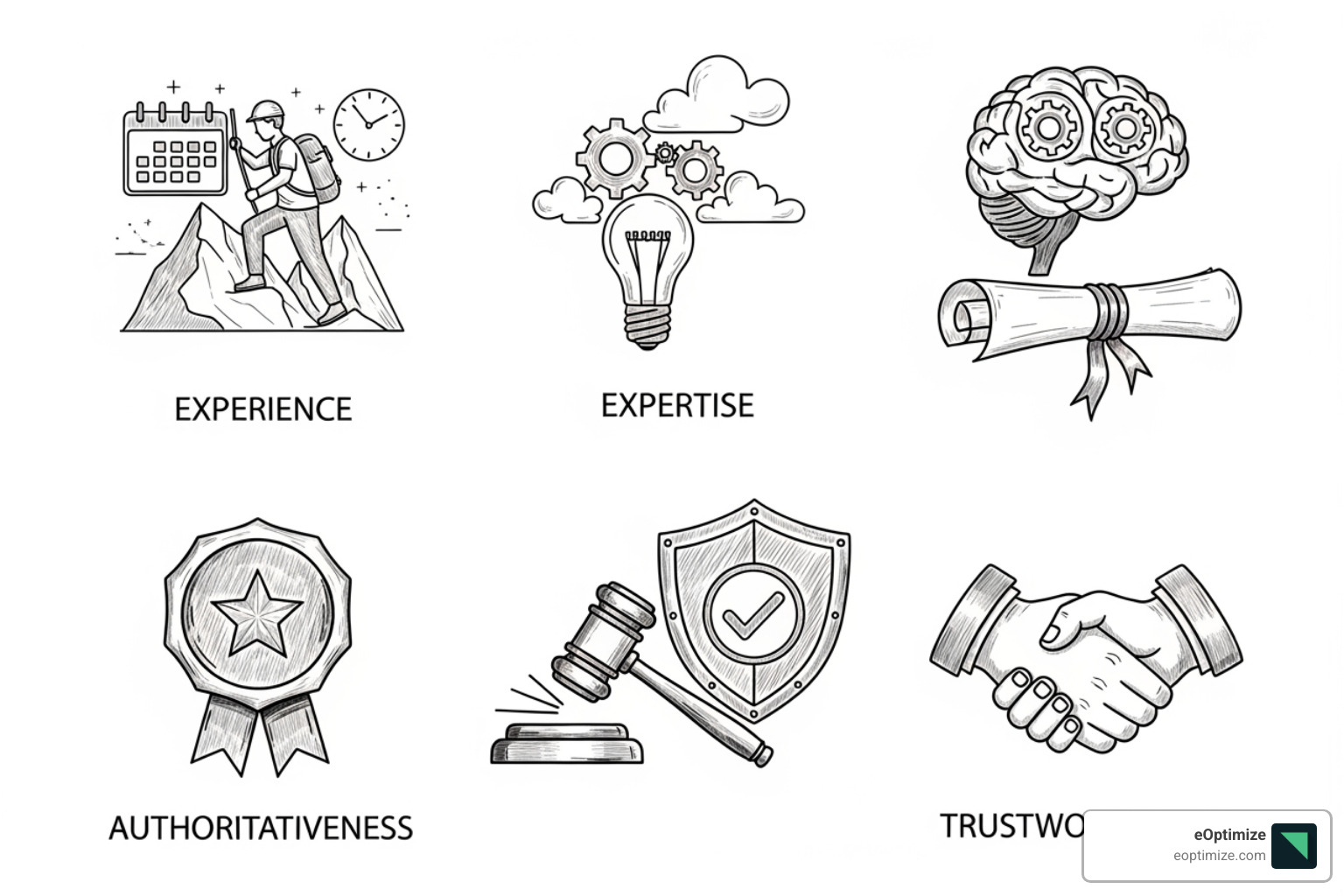 Concept of E-E-A-T with icons for Experience, Expertise, Authoritativeness, and Trust - How AI impacts SEO