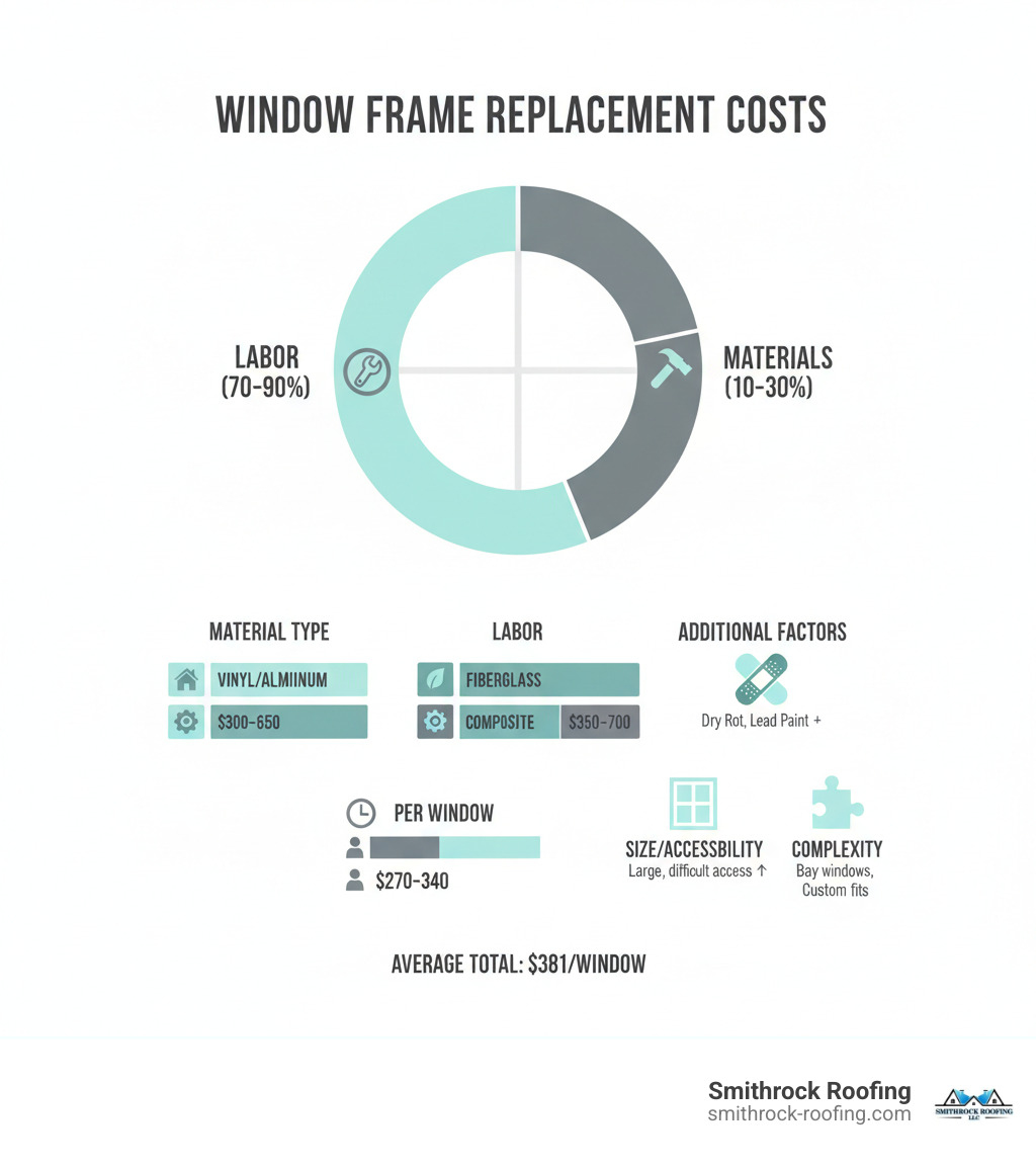 infographic showing the breakdown of window frame replacement costs by material type, labor percentage, and additional factors like window size, accessibility, and required repairs such as dry rot or lead paint removal - cost of replacing window frames infographic 