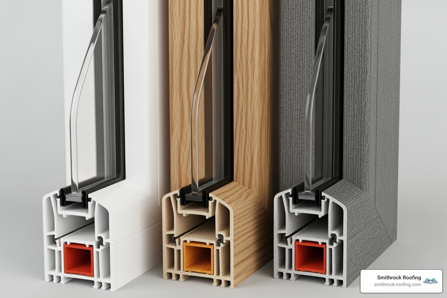 side-by-side examples of vinyl, wood, and fiberglass window frames - cost of replacing window frames