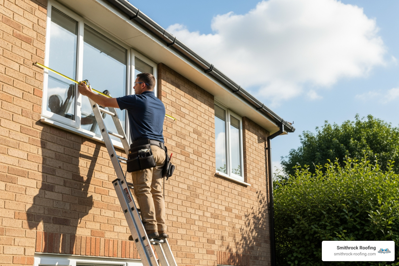 professional measuring a window on an upper floor - cost of replacing window frames