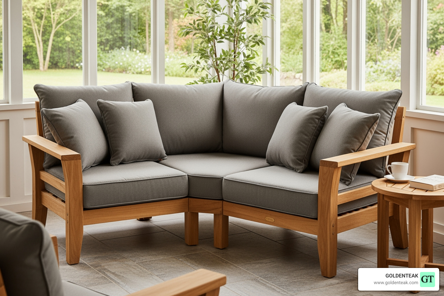 GOLDENTEAK teak deep seating sofa with plush outdoor cushions on a porch - Three Season Porch Furniture GOLDENTEAK teak deep seating sofa with plush outdoor cushions on a porch - Three Season Porch Furniture