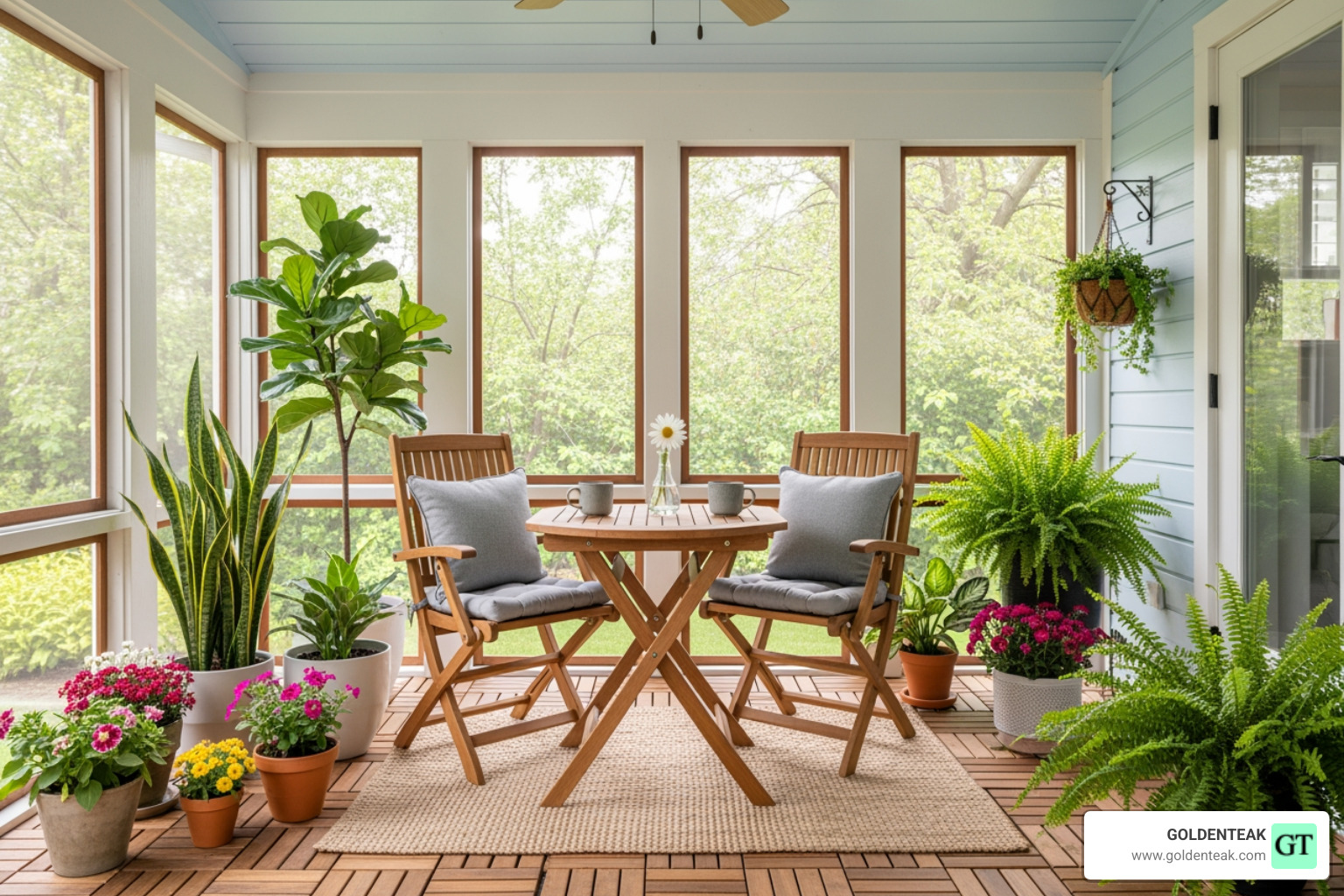 well-arranged small three-season porch with a teak bistro set and plants - Three Season Porch Furniture well-arranged small three-season porch with a teak bistro set and plants - Three Season Porch Furniture