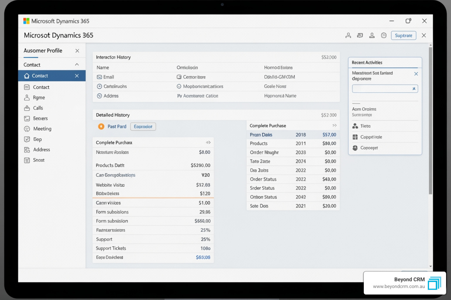 Microsoft Dynamics 365 interface displaying a comprehensive customer profile, including contact details, interaction history, purchase records, and recent activities. - marketing relationship management Microsoft Dynamics 365 interface displaying a comprehensive customer profile, including contact details, interaction history, purchase records, and recent activities. - marketing relationship management