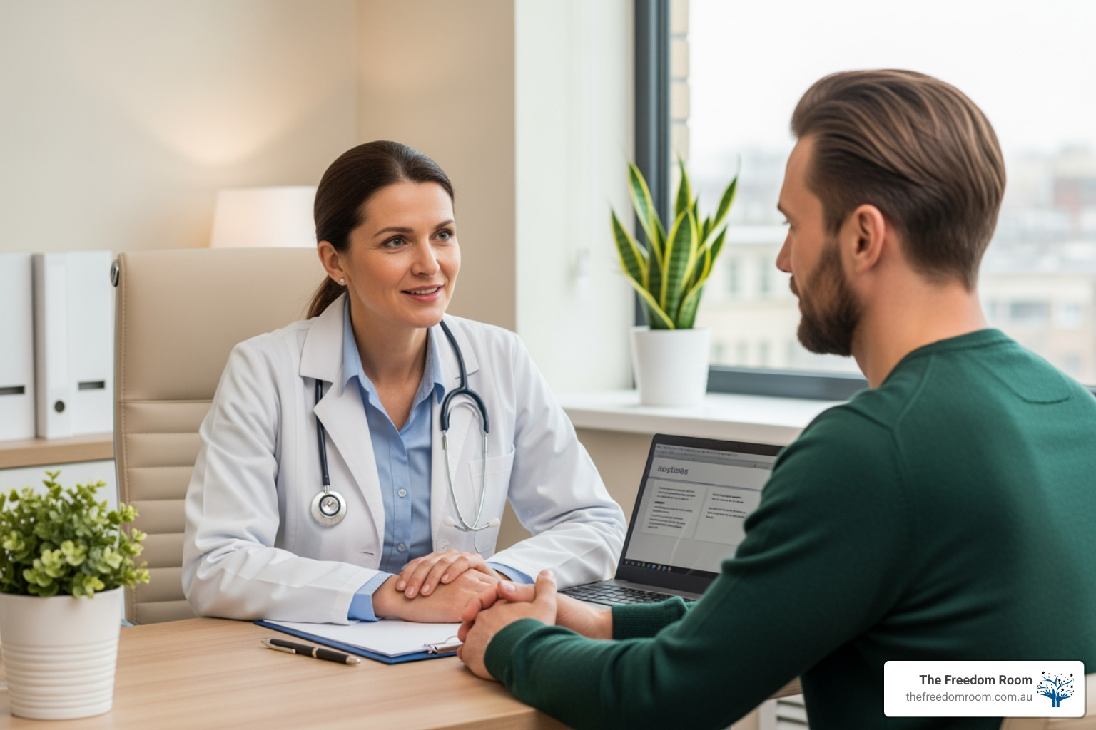 A caring female doctor speaking with a male patient during a consultation about starting effective alcohol misuse treatment and support options. A caring female doctor speaking with a male patient during a consultation about starting effective alcohol misuse treatment and support options.