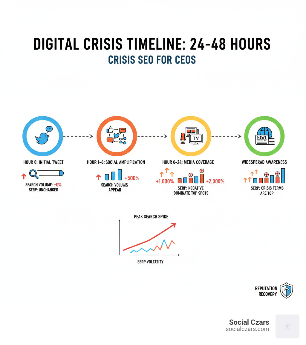 infographic showing the timeline of a digital crisis spreading from initial tweet through social media amplification to mainstream news coverage within 24-48 hours, with search volume spikes and SERP changes illustrated at each stage - Crisis SEO for CEOs infographic 