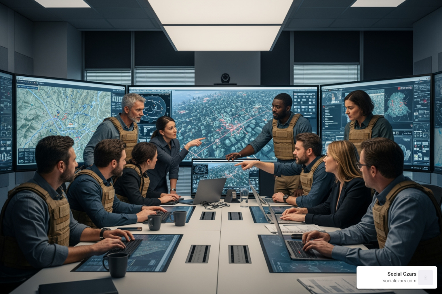 A crisis response team in a war room setting - Crisis SEO for CEOs