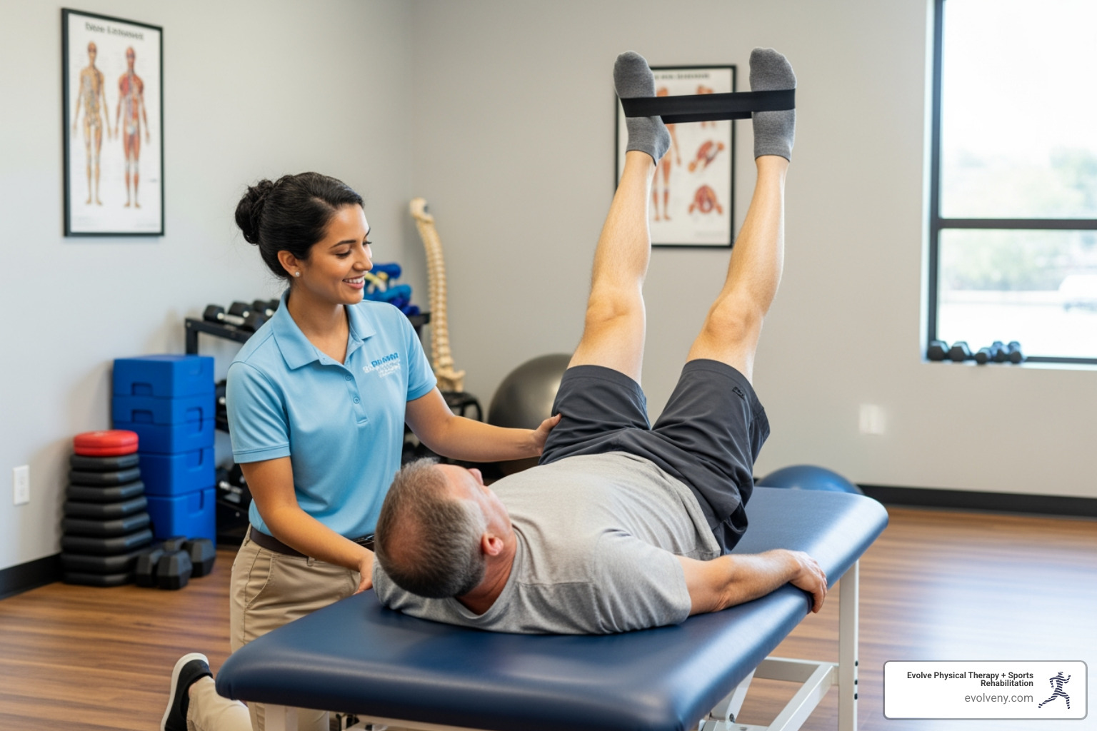 of a patient performing a pre-hab exercise like a leg lift or using a resistance band with a therapist's guidance. - pre surgery physical therapy of a patient performing a pre-hab exercise like a leg lift or using a resistance band with a therapist's guidance. - pre surgery physical therapy