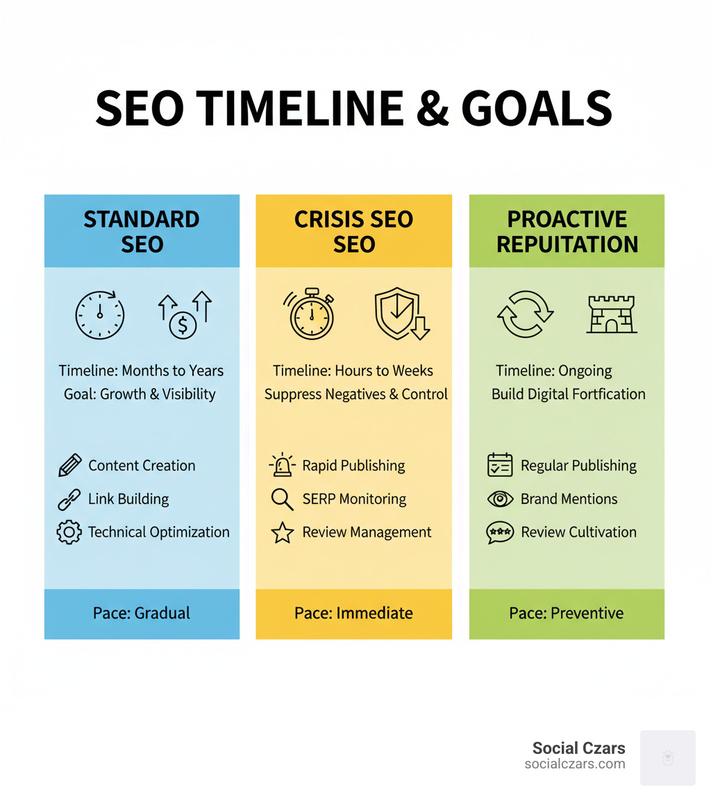 Crisis SEO vs Standard SEO Comparison - Crisis SEO for Lawyers infographic 