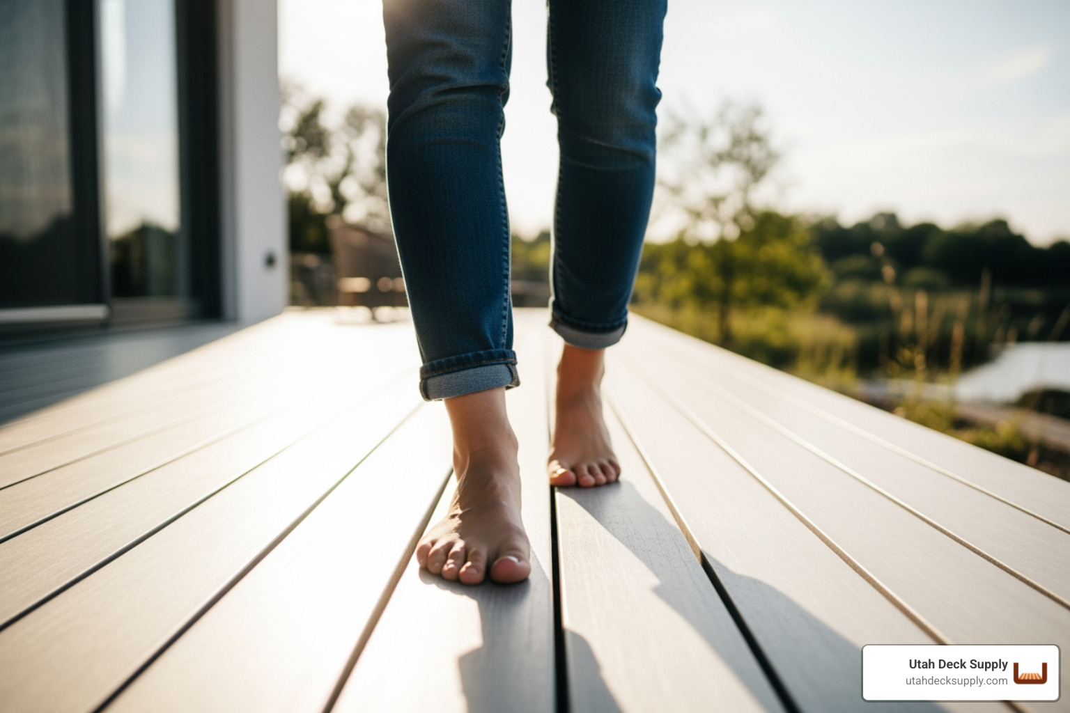 A person walking barefoot comfortably on a light-colored aluminum deck in the sun. - aluminum decking material options A person walking barefoot comfortably on a light-colored aluminum deck in the sun. - aluminum decking material options