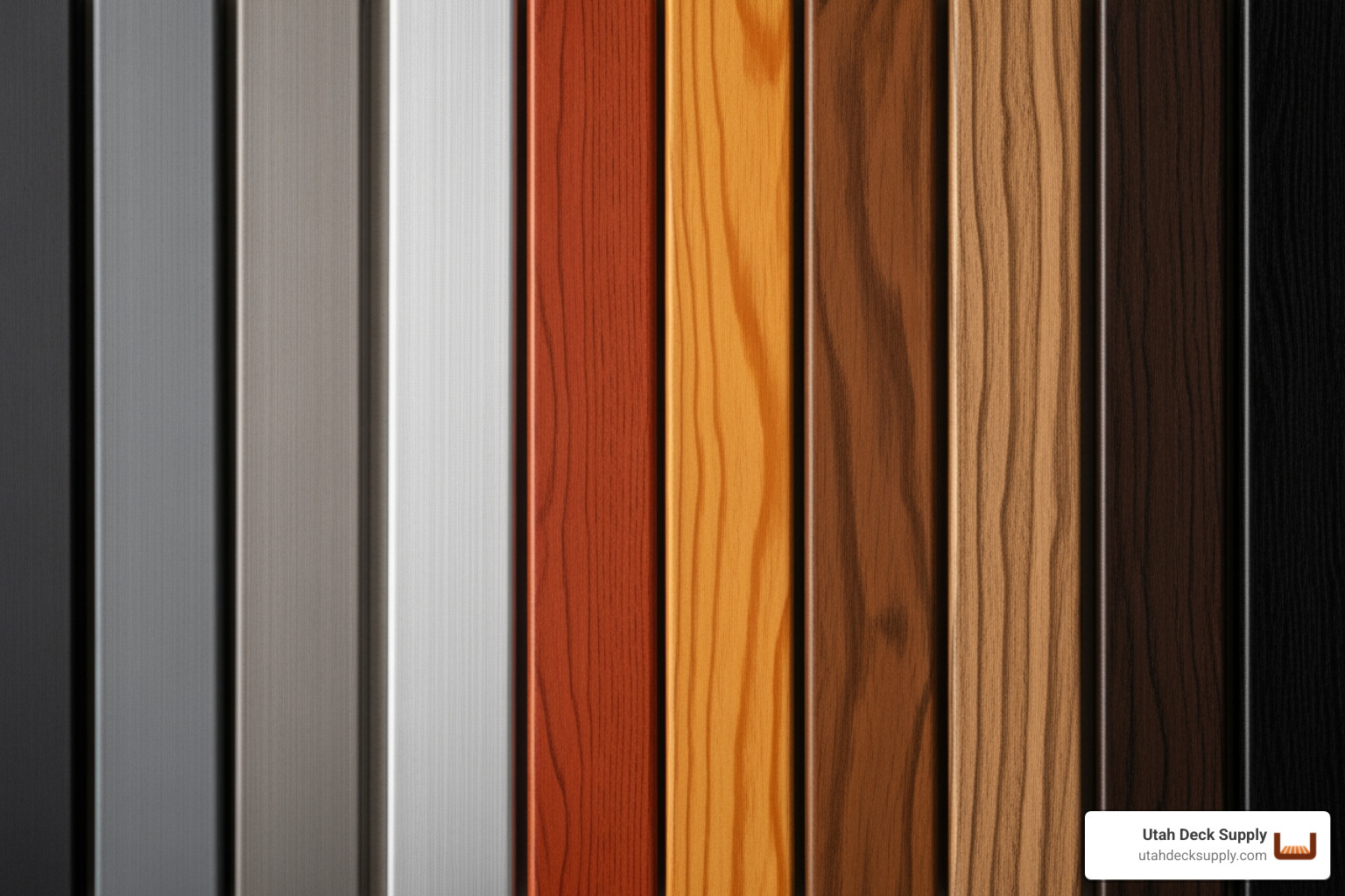 A variety of aluminum decking color swatches, including solid tones and realistic woodgrain finishes. - aluminum decking material options A variety of aluminum decking color swatches, including solid tones and realistic woodgrain finishes. - aluminum decking material options