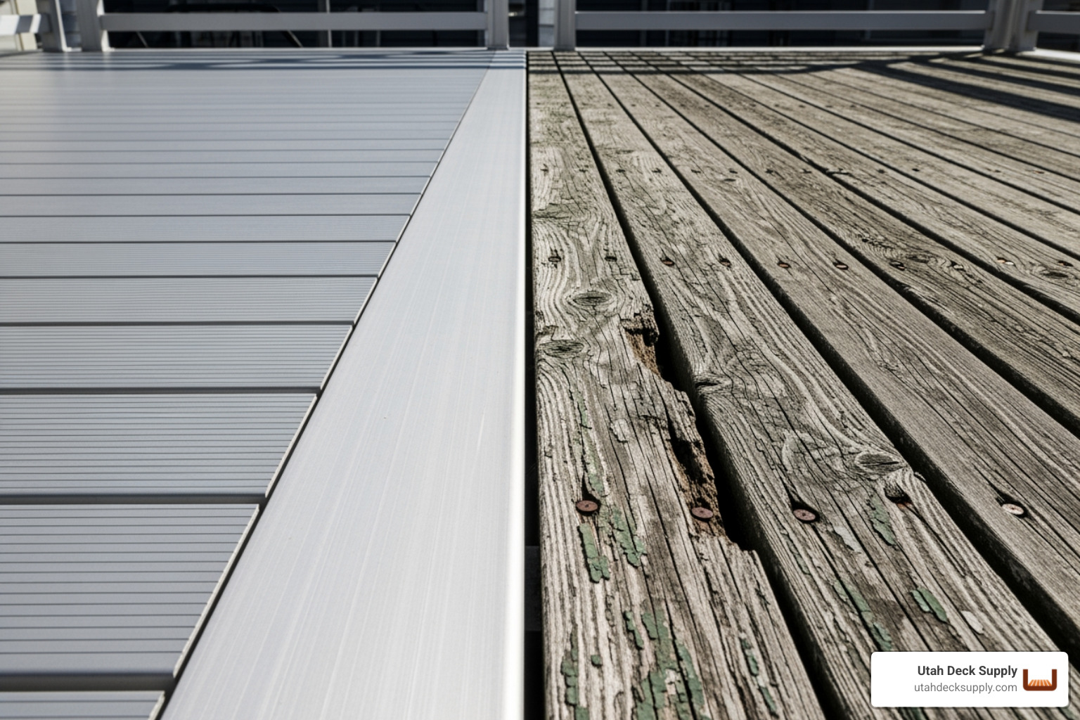 A pristine aluminum deck next to a weathered, splintered wood deck for comparison. - aluminum decking material options A pristine aluminum deck next to a weathered, splintered wood deck for comparison. - aluminum decking material options