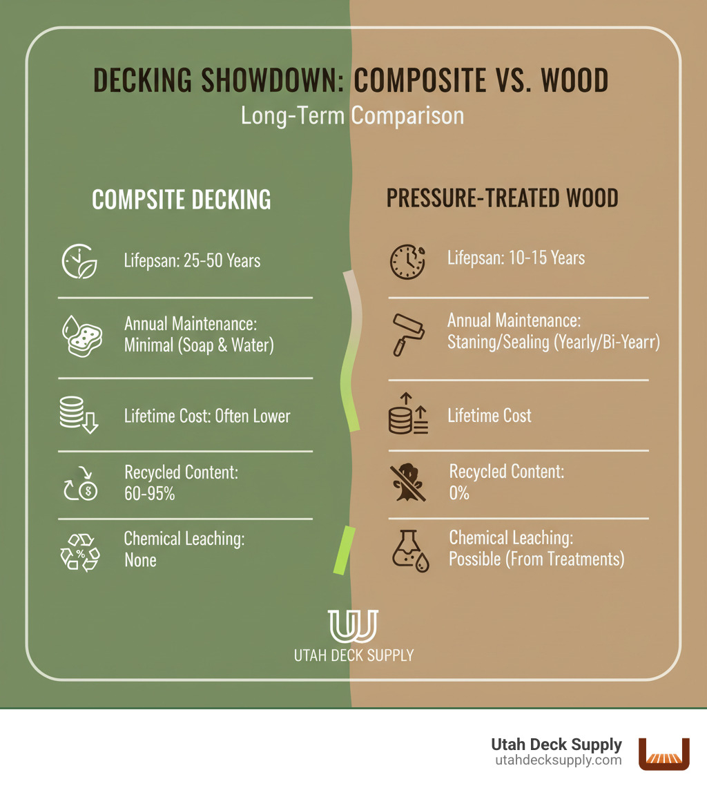 Comparison of Composite Decking vs. Pressure-Treated Wood on: Lifespan, Annual Maintenance, Lifetime Cost, Recycled Content, and Chemical Leaching - Eco-friendly composite decking infographic 