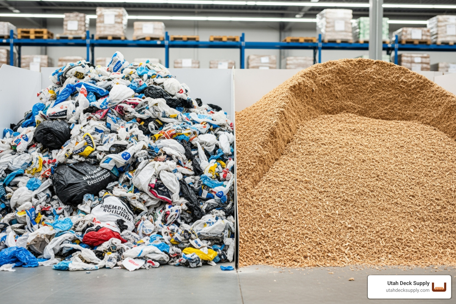 Raw recycled materials used in composite decking, like plastic bags and wood fibers - Eco-friendly composite decking