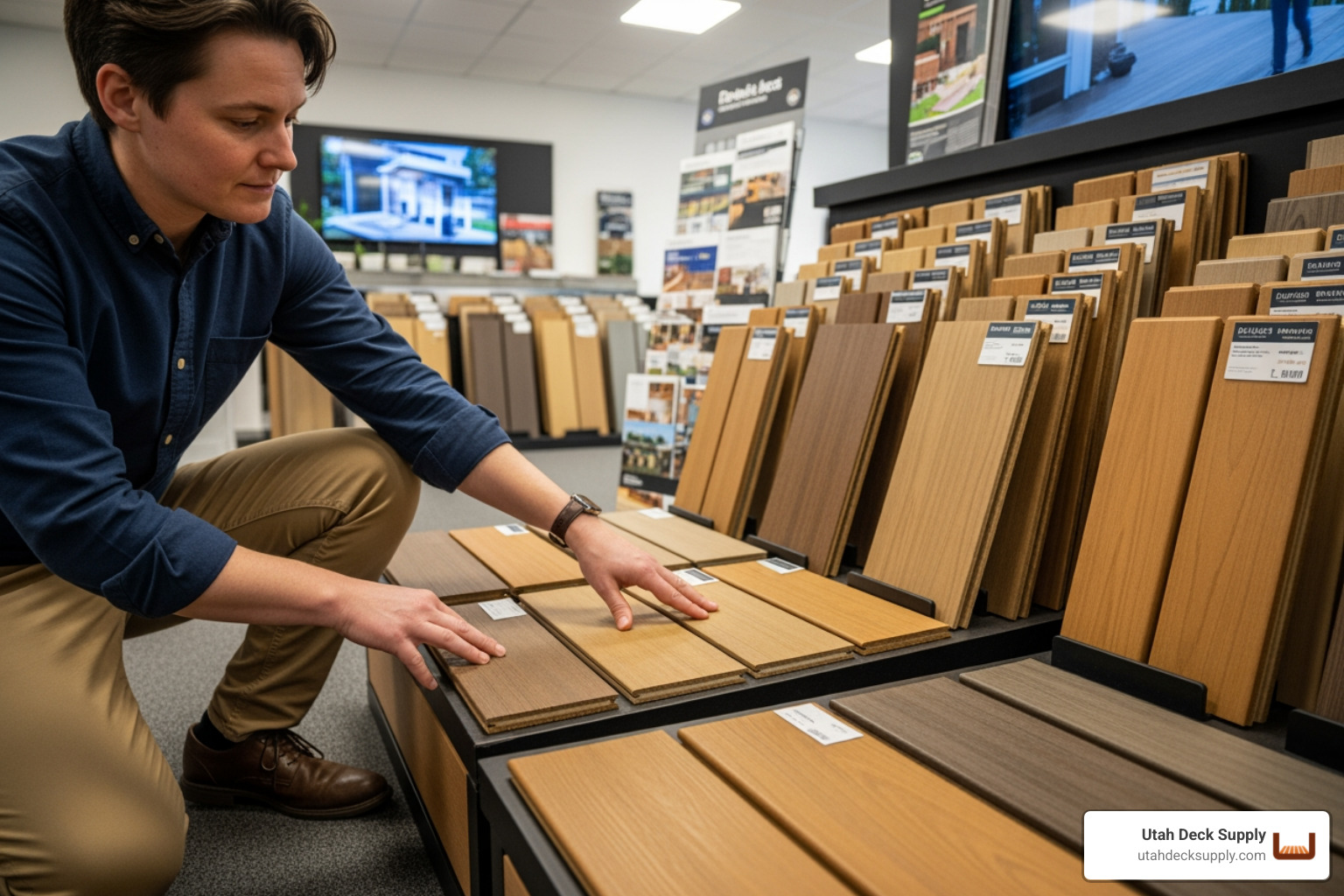 Person examining composite decking samples in a showroom - Eco-friendly composite decking