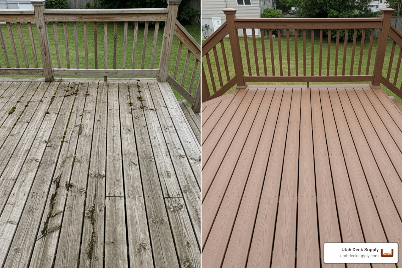 Side-by-side of a weathered wood deck and a pristine composite deck - Eco-friendly composite decking