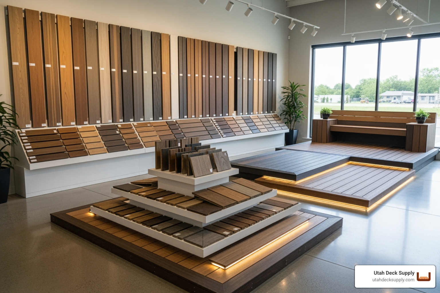 The Utah Deck Supply showroom, showcasing various composite decking displays - Eco-friendly composite decking
