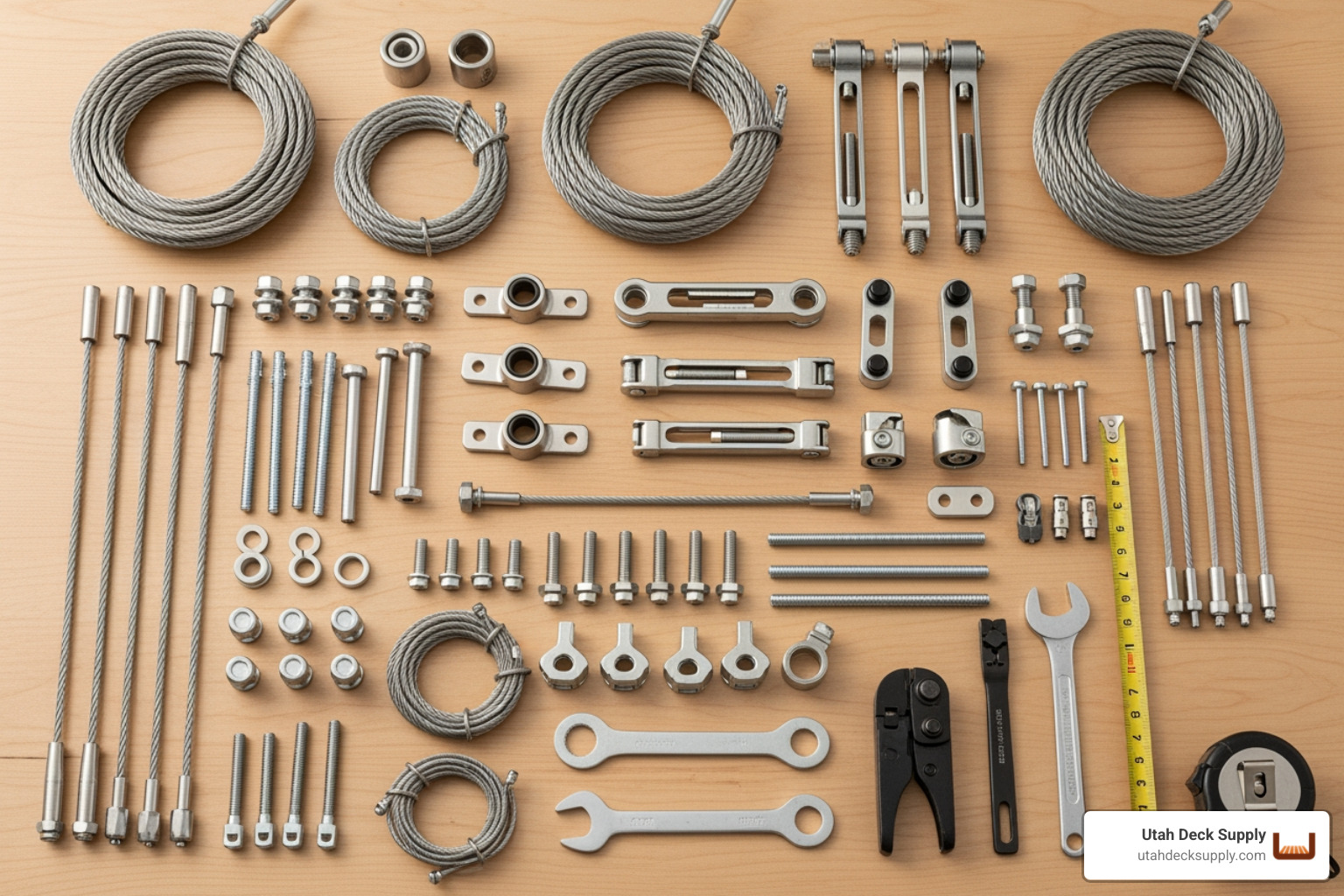 of various cable railing components laid out neatly on a wooden surface. - cable railing supplies of various cable railing components laid out neatly on a wooden surface. - cable railing supplies