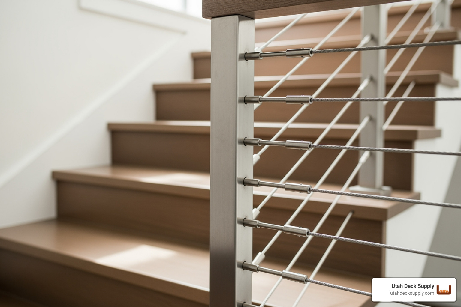 showing a close-up of a cable railing installation on a staircase. - cable railing supplies showing a close-up of a cable railing installation on a staircase. - cable railing supplies