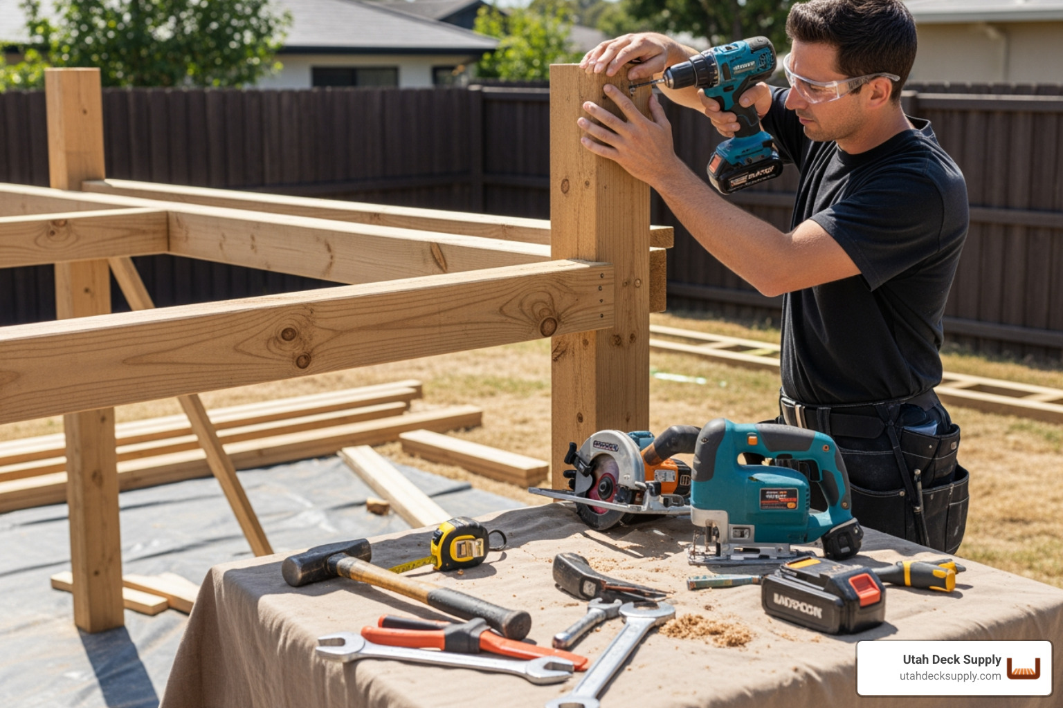 person using a drill to assemble a pergola kit, with tools laid out nearby. - pergola kits 10x12 person using a drill to assemble a pergola kit, with tools laid out nearby. - pergola kits 10x12