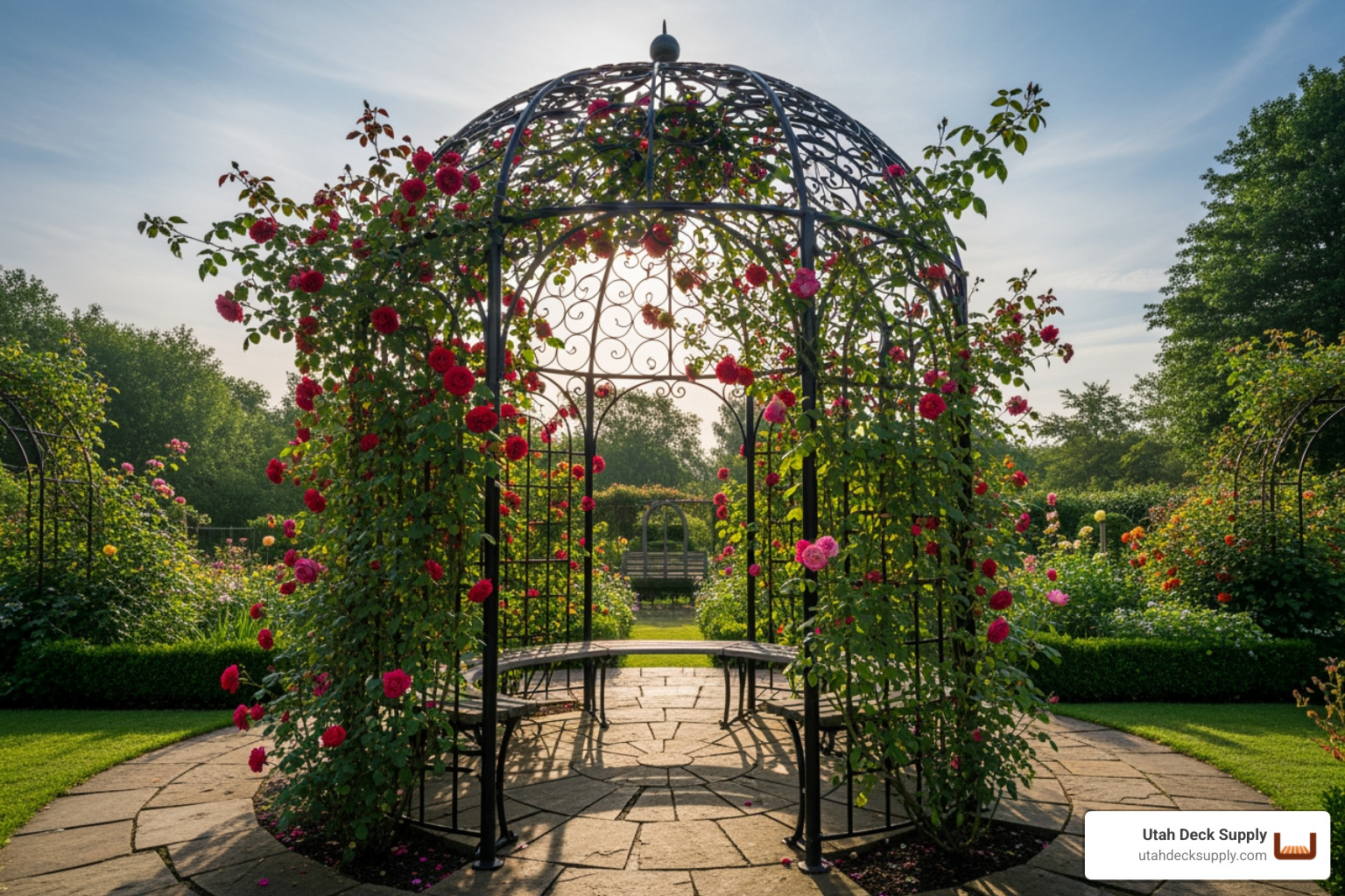 a black metal round gazebo with climbing roses - round gazebo kits