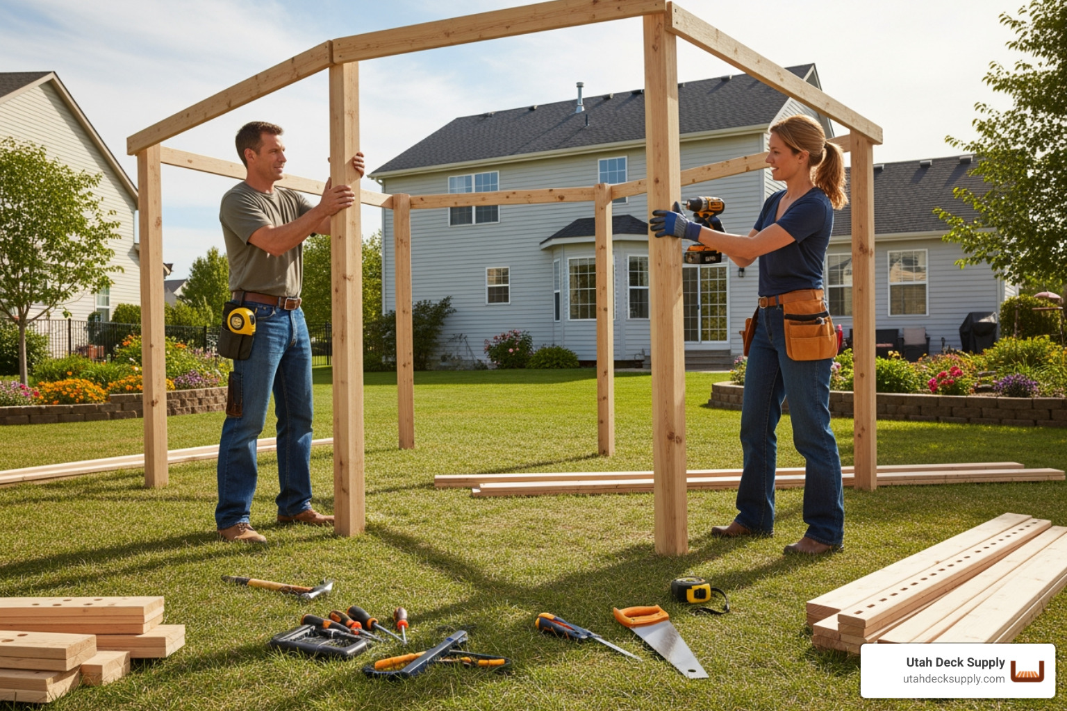 two people assembling a gazebo kit with tools laid out - round gazebo kits