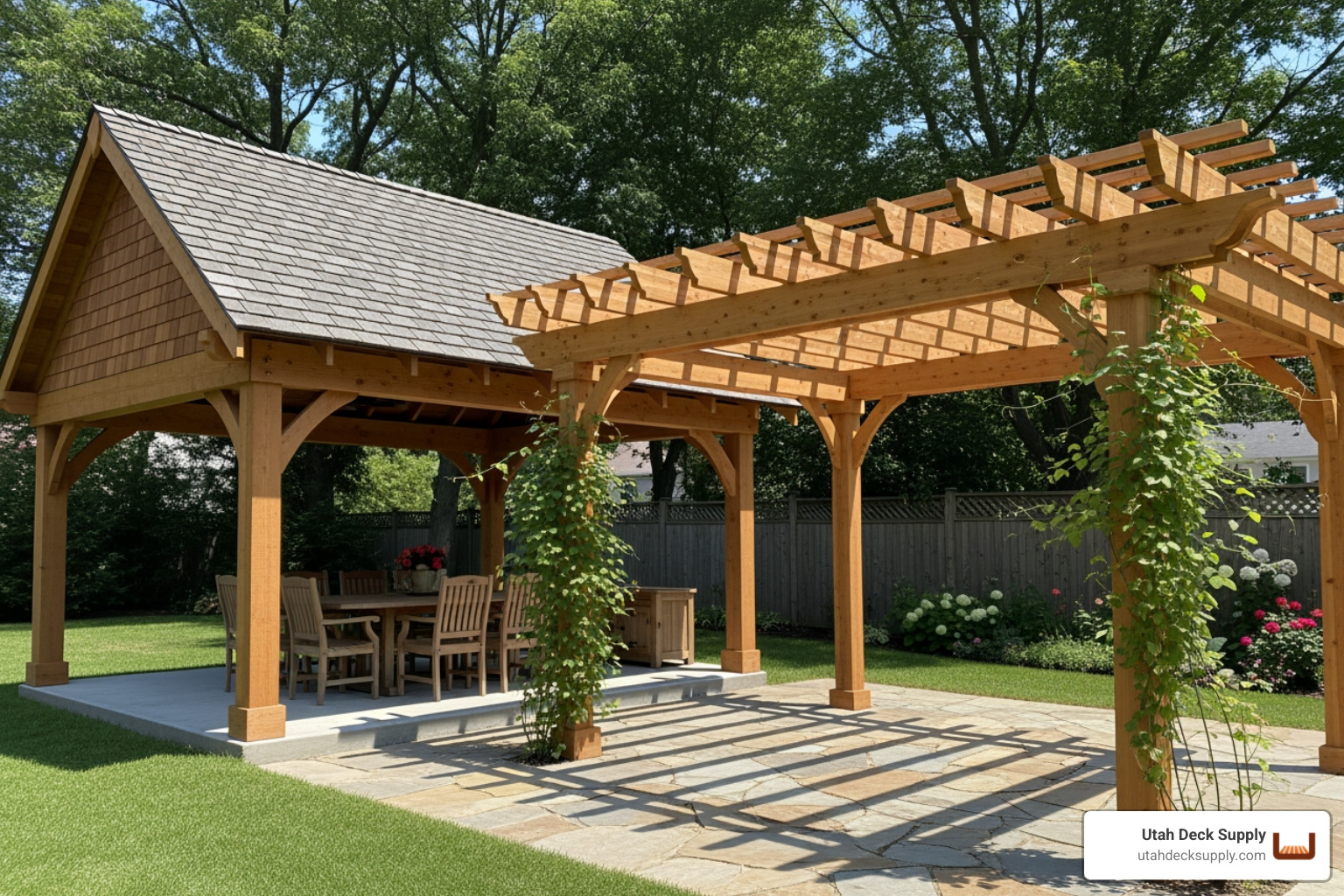 finished wood pavilion next to a pergola to visually show the difference - wood pavilion kit finished wood pavilion next to a pergola to visually show the difference - wood pavilion kit