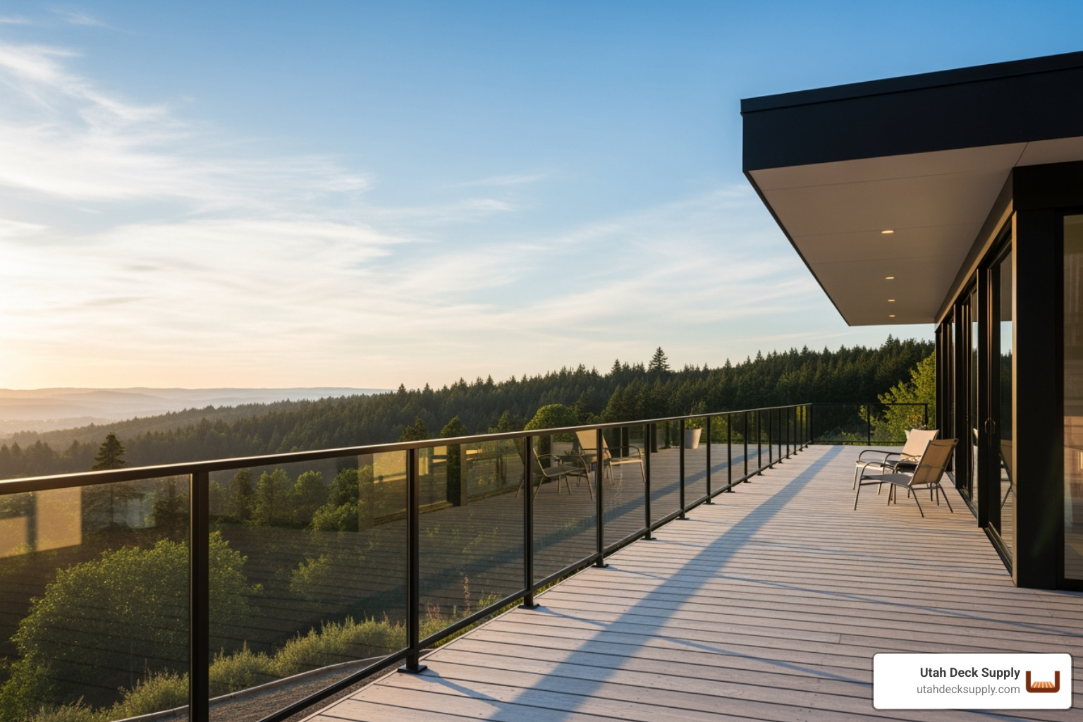 A deck with sleek black aluminum railing and clear glass panel infill, offering an unobstructed view of the outdoors - Aluminum deck railing