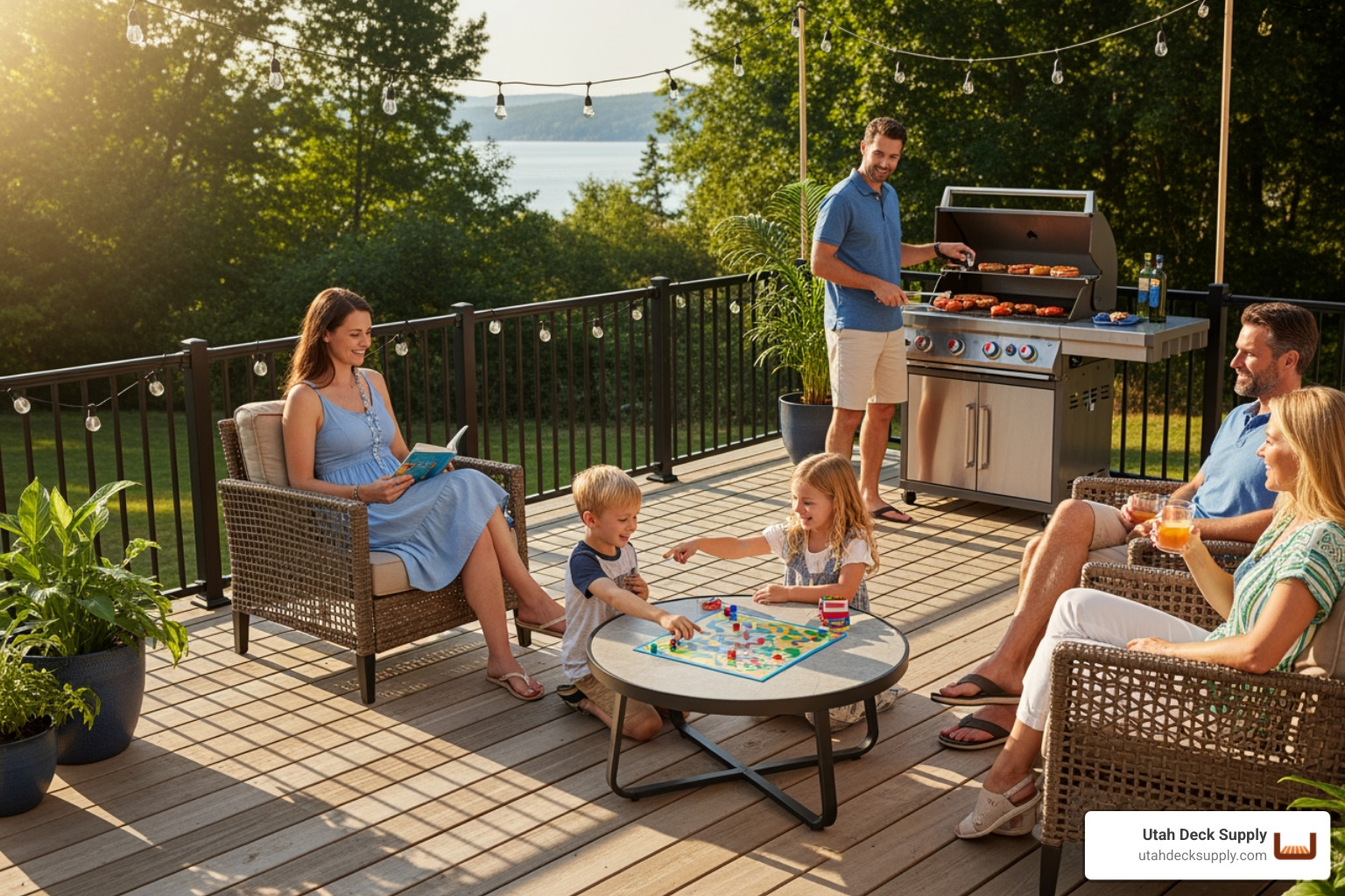 A family safely enjoying a deck with sturdy black aluminum railing, children playing while adults relax - Aluminum deck railing