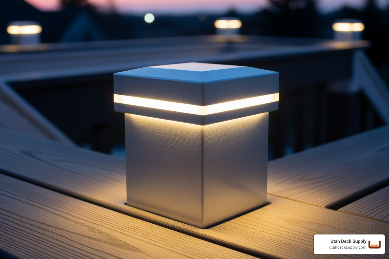 An aluminum railing post cap with integrated low-voltage lighting glowing softly at dusk, casting a warm light on the deck - Aluminum deck railing